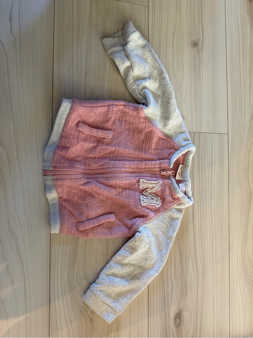 Zara Baby Girl Pink Tweed Varsity Jacket Chenille M Patch Size 12-18M